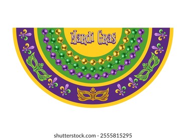 Semicircle Mardi Gras banner, flag for holiday celebration, decoration. Half circle bunting with Fleur de Lis symbol masks, strings of beads, text. Vintage style