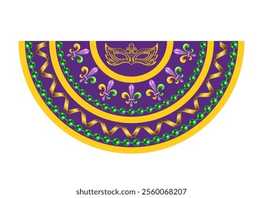 Semicircle Mardi Gras banner, flag for holiday celebration, decoration. Half circle bunting with Fleur de Lis symbol masks, strings of beads, streamer ribbons. Vintage style