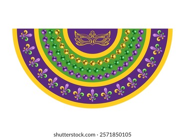 Semicircle Mardi Gras banner, flag for holiday celebration, decoration. Half circle bunting with Fleur de Lis symbol masks, strings of beads. Vintage style