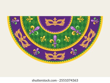 Semicircle Mardi Gras Fahne für Feiertage, Dekoration. Halbkreis mit Fleur de Lis Symbolmasken, Harlekin Ornament, Perlen. Vintage