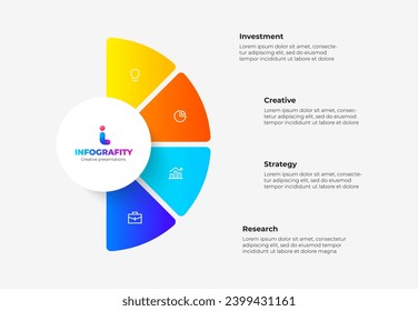 Semicircle pie chart divided into 4 parts. Concept of four features of startup project to select