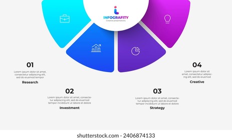 Semicircle pie chart divided into 4 parts. Concept of four features of startup project to select