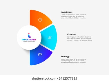 Semicircle pie chart divided into 3 parts. Concept of three features of startup project to select