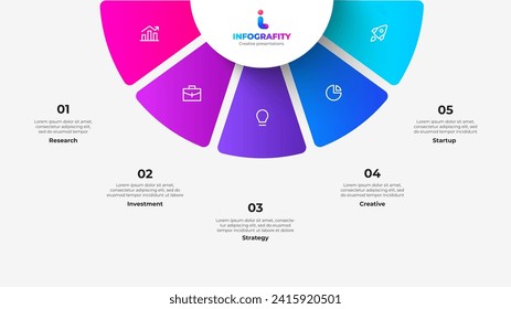 Semicircle pie chart divided into 5 parts. Concept of five features of startup project to select