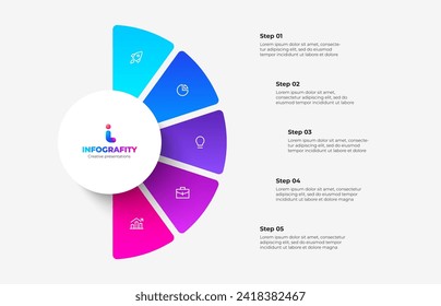 Semicircle pie chart divided into 5 parts. Concept of five step infographic