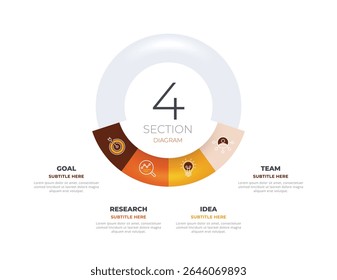 Semicircle pie chart divided into 4 parts. Concept of five step infographic