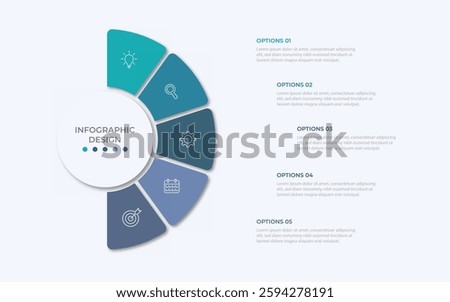 Semicircle pie chart divided into 5 parts. Concept of five step infographic