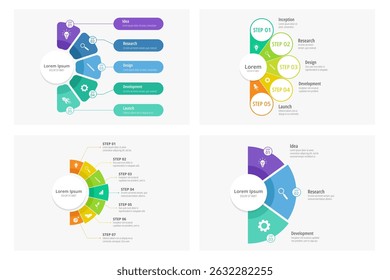 Plantilla de infografía de gráfico circular semicírculo. Infografía de negocios con etapas de proceso. Diagrama de abanico de medio círculo, flujo de trabajo de progreso, línea de tiempo segmentada circular. Conjunto de Vector.