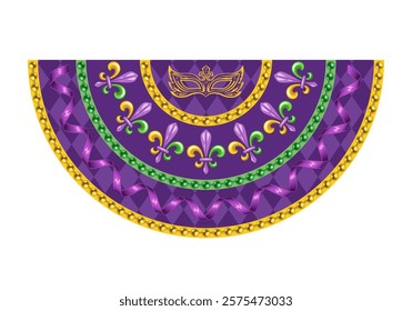 Semicircle purple Mardi Gras banner, flag for holiday celebration, festival. Half circle bunting with Fleur de Lis symbol masks, strings of beads, streamer ribbons. Vintage style