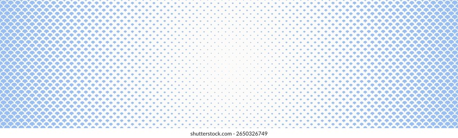 Semicircle scales halftone pattern radial gradient ultra wide 32:9 aspect ratio white blue vector abstract background. Half tone oriental styled graphical panoramic ultrawide format light abstraction