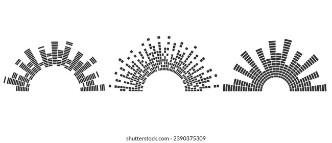 Semicircle sound wave. Audio music equalizer. Round circular icons set. Spectrum radial pattern and frequency frame. Vector design.