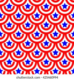 Semicircle and star seamless pattern. American patriotic stars and rounds image in bright red, blue and white. Template for prints, textiles, wrapping, wallpaper, website etc Stock vector illustration