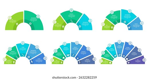 Semicircle steps diagram infographic templates. Round business chart 2 -7 process options, step by step startup workflow. Ring timeline vector infographic for presentation.