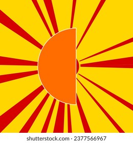 Símbolo semicírculo sobre un fondo de líneas radiales de explosión de flash rojo. El gran símbolo naranja se encuentra en el centro del sol, simbolizando la salida del sol. Ilustración del vector sobre fondo amarillo