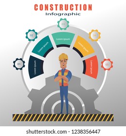 Semicircle template Construction engineering and building and young  engineer worker infographic 5 positions for text area set vector illustration