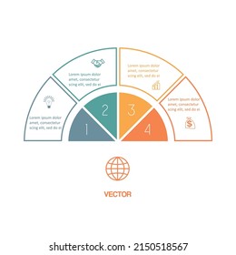Plantilla de semicírculo para el diseño infográfico 4 posiciones para el área de texto. Se puede utilizar para el flujo de trabajo publicitario, banner, diagrama, diseño web, gráfico de área. Blanco de fondo