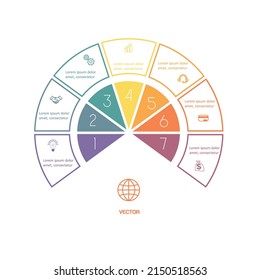 Semicircle template for design infographic 7 positions for text area. Can be used for advertising workflow, banner, diagram, web design, area chart. Background white