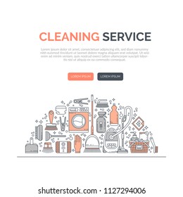 Semicircle vector concept with house cleaning tools, household equipment background. Line style template for web page design, website layout. Clean, minimalistic vector concept for cleaning company.