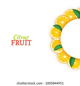 Semicircle white frame composed of delicious tropical oranges. Vector card illustration. Orange mandarin citrus half-round frame for design of food packaging juice breakfast cosmetics tea detox diet.