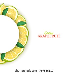 Semicircle white frame composed of delicious tropical green grapefruit. Vector card illustration. Pomelo citrus half-round frame for design of food packaging juice breakfast cosmetics tea detox diet