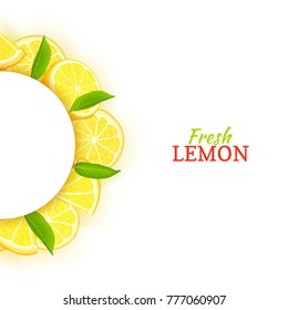 Semicircle white frame composed of delicious tropical lemon. Vector card illustration. Yellow lime citrus half-round frame for design of food packaging juice breakfast cosmetics tea detox diet