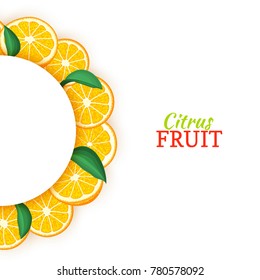 Semicircle white frame composed of delicious tropical oranges. Vector card illustration. Orange mandarin citrus half-round frame for design of food packaging juice breakfast cosmetics tea detox diet.