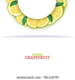 Semicircle white frame composed of delicious tropical green grapefruit. Vector card illustration. Pomelo citrus half-round frame for design of food packaging juice breakfast cosmetics tea detox diet