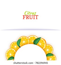 Semicircle white frame composed of delicious tropical oranges. Vector card illustration. Orange mandarin citrus half-round frame for design of food packaging juice breakfast cosmetics tea detox diet.