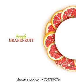 Semicircle white frame composed of delicious tropical red grapefruit. Vector card illustration. Pomelo citrus half-round frame for design of food packaging juice breakfast cosmetics tea detox diet