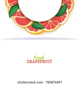 Semicircle white frame composed of delicious tropical red grapefruit. Vector card illustration. Pomelo citrus half-round frame for design of food packaging juice breakfast cosmetics tea detox diet.