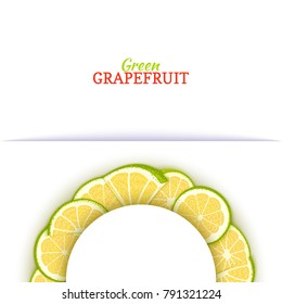 Semicircle white frame composed of delicious tropical green grapefruit. Vector card illustration. Pomelo citrus half-round frame for design of food packaging juice breakfast cosmetics tea detox diet.