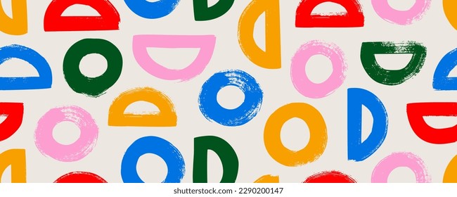 Semicircles and circles colorful seamless pattern. Brush drawn grunge geometric shapes. Abstract modern vector background. Bright color geometric shapes, bold circles. Retro banner for web and print.