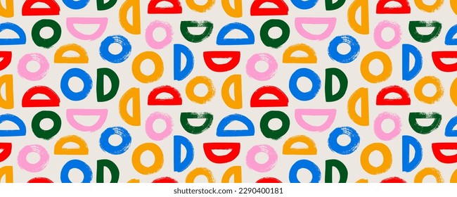 Semikrele und Kreise farbenfrohe, nahtlose Muster. Pinselgezeichnete geometrische Formen der Grunge. Abstrakter, moderner Vektorhintergrund. Helle, geometrische Formen in Farbe, fette Kreise. Retro-Banner für Web und Print.