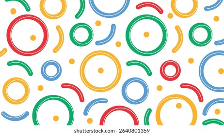 Semi-circles and dot accents in orange, green, blue, and purple create a whimsical, balanced abstract background. Great for cheerful or modern design projects.