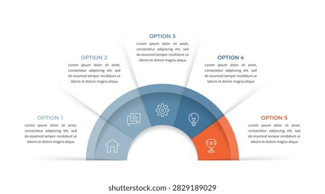 Semicircular arc infographic template features five numbered segments, ideal for representing sequence stages or choice structures in a clean layout