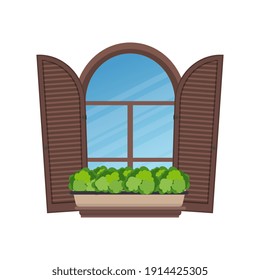 Semicircular arched window with flowers and security shutters in Italian style. Vector illustration.
