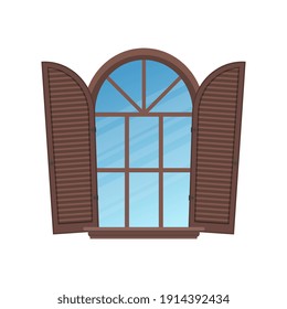 Semicircular arched window with safety shutters in Italian style. Vector illustration.