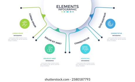 Semicircular chart divided into 4 colorful sectors. Concept of four features of startup project to select. Minimal flat infographic vector illustration for business information visualization.