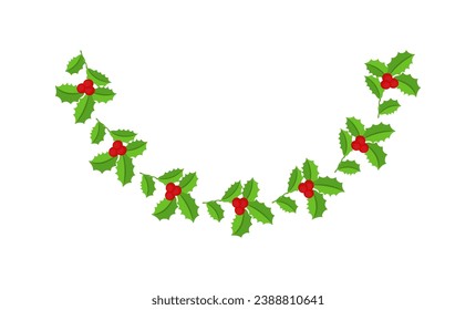 Semicircular Christmas floral garland. Wreath Frame. Spruce evergreen branch, poinsettia and holly berry. Winter holiday decoration for greeting cards, poster and templates. Flat cartoon vector icon.