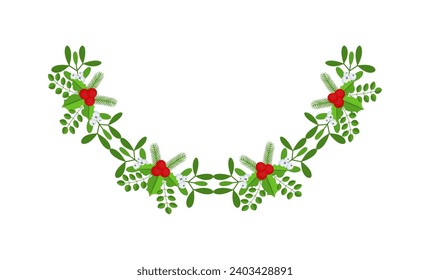 Semicircular Christmas floral garland. Wreath Frame. Spruce evergreen branch, poinsettia and holly berry. Winter holiday decoration for greeting cards, poster and templates. Flat cartoon vector icon.