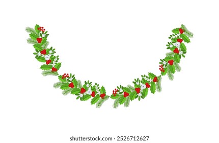 Semicircular Christmas floral garland. Wreath Frame. Spruce evergreen branch, poinsettia and holly berry. Winter holiday decoration for greeting cards, poster and templates. Flat cartoon vector icon.