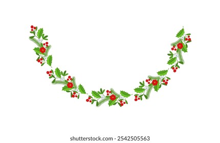 Semicircular Christmas floral garland. Wreath Frame. Spruce evergreen branch, poinsettia and holly berry. Winter holiday decoration for greeting cards, poster and templates. Flat cartoon vector icon.