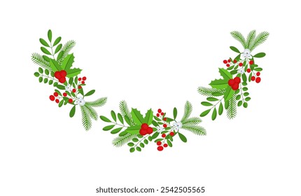 Semicircular Christmas floral garland. Wreath Frame. Spruce evergreen branch, poinsettia and holly berry. Winter holiday decoration for greeting cards, poster and templates. Flat cartoon vector icon.