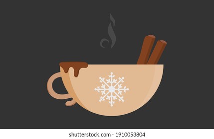 Semicircular Cup With Hot Chocolate And Cinnamon Sticks. Flat Style. Vector Illustration.