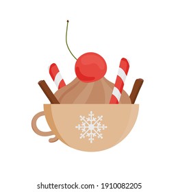 A semicircular cup with a hot drink, cinnamon, cherries and sweets. Flat style. Vector illustration.