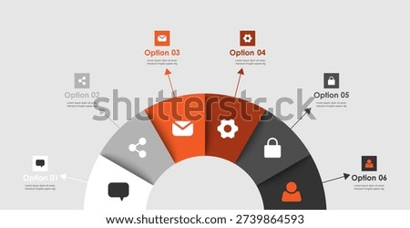 Semicircular diagram divided into six equal parts vector layout of business strategy. Infographic mockup for data visualization.