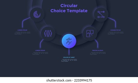 Semi-circular diagram with five glowing round elements. Concept of 5 features of startup project to choose. Realistic dark infographic design template. Modern vector illustration for data analytics.