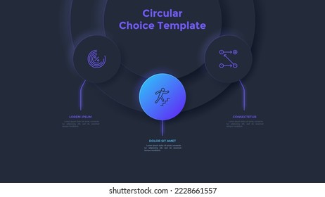 Semi-circular diagram with three glowing round elements. Concept of 3 features of startup project to choose. Realistic dark infographic design template. Modern vector illustration for data analytics.