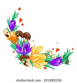 Semicircular flower arrangement of purple and orange crocuses and chocolate heart cookies. Vector cartoon spring frame for photo or text.
