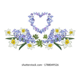 Semicircular frame and heart made of narcis and delphinium flowers. Save the date invitation template